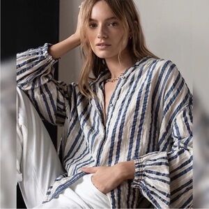 We the Free Set Sail Striped Button Down Oversized Long Sleeve Top Size Medium